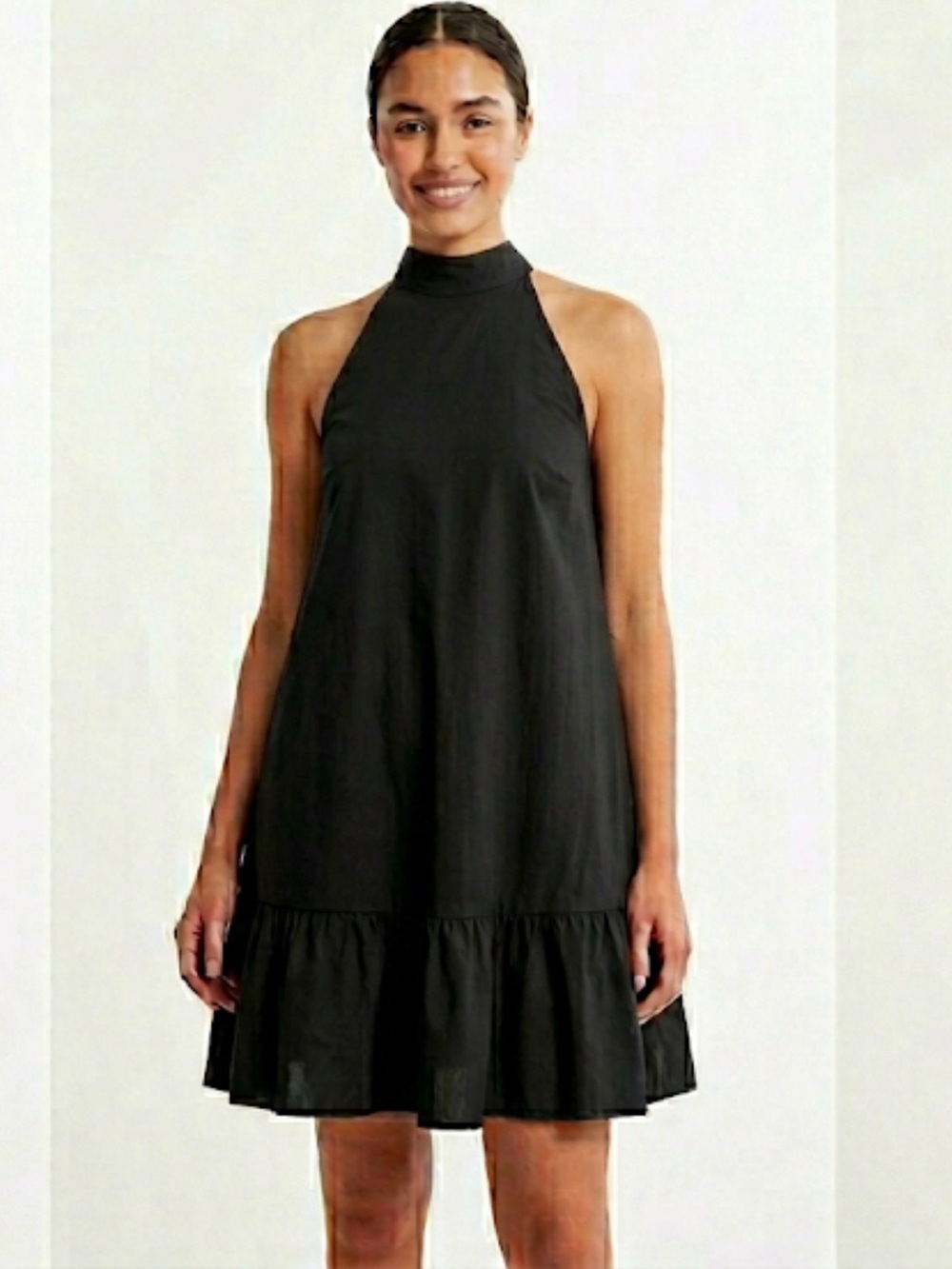 & Other Stories Black Halter Neck Tiered Ruffle Mini Dress Cotton: Sz Small